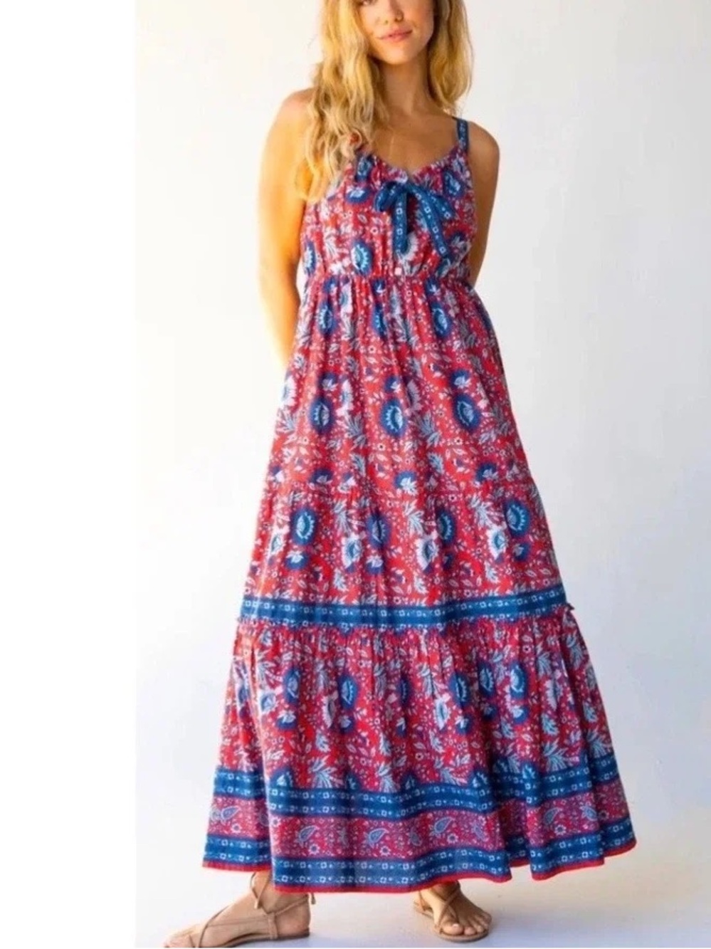 Natural Life Isabella Maxi Cotton Dress Red Blue Floral Boho smocked breezy NWT